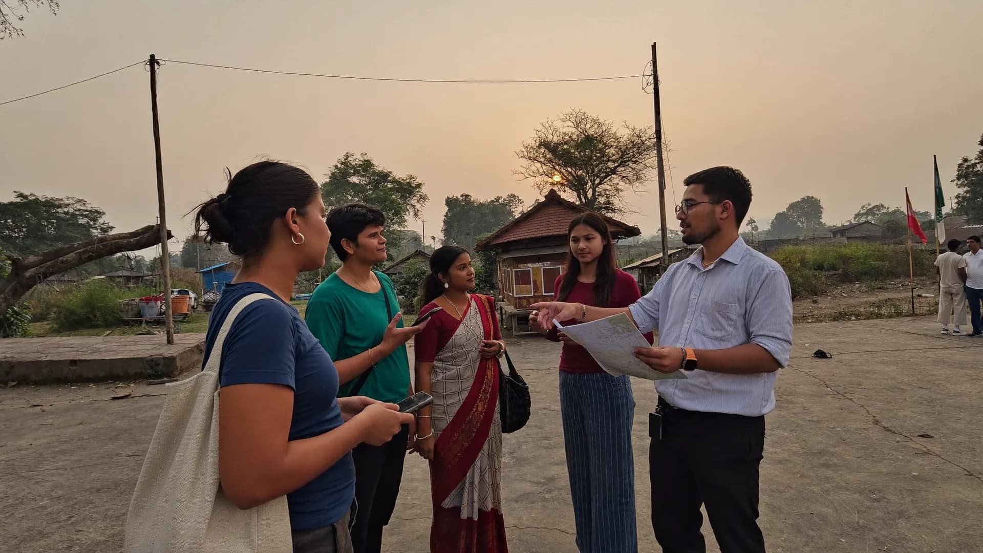 गाँव के चौक पर सुबह की टीम ब्रीफिंग — वॉलंटियर फोन के साथ, सुपरवाइज़र नक्शा दिखाते हुए