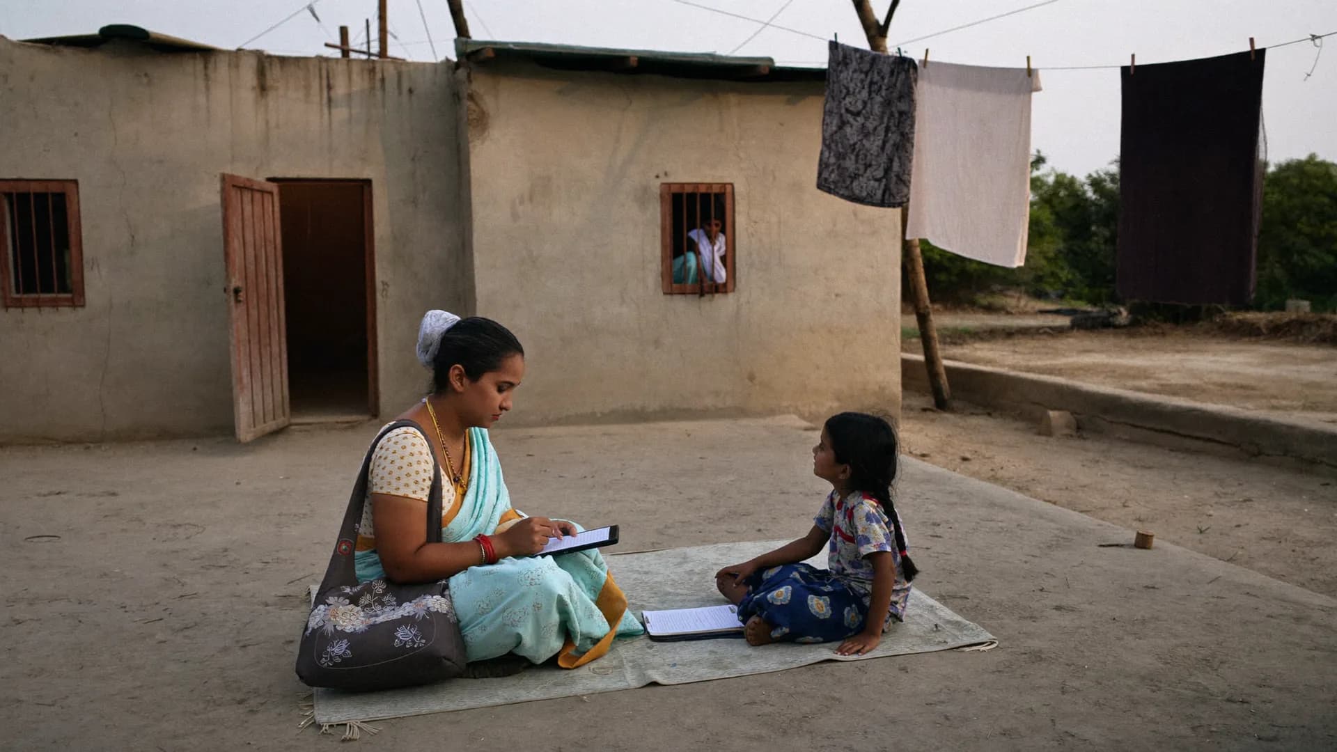 ग्रामीण घर के आँगन में सर्वे करती NGO कार्यकर्ता