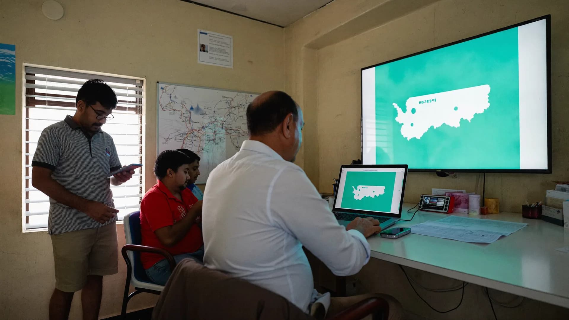ज़िला कार्यालय में स्क्रीन पर क्षेत्र का नक्शा देखते अधिकारी और टीम