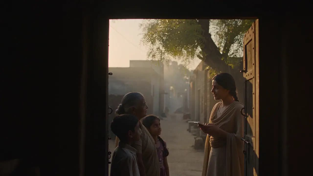 Village doorstep: a field surveyor records answers on her phone while talking with a family